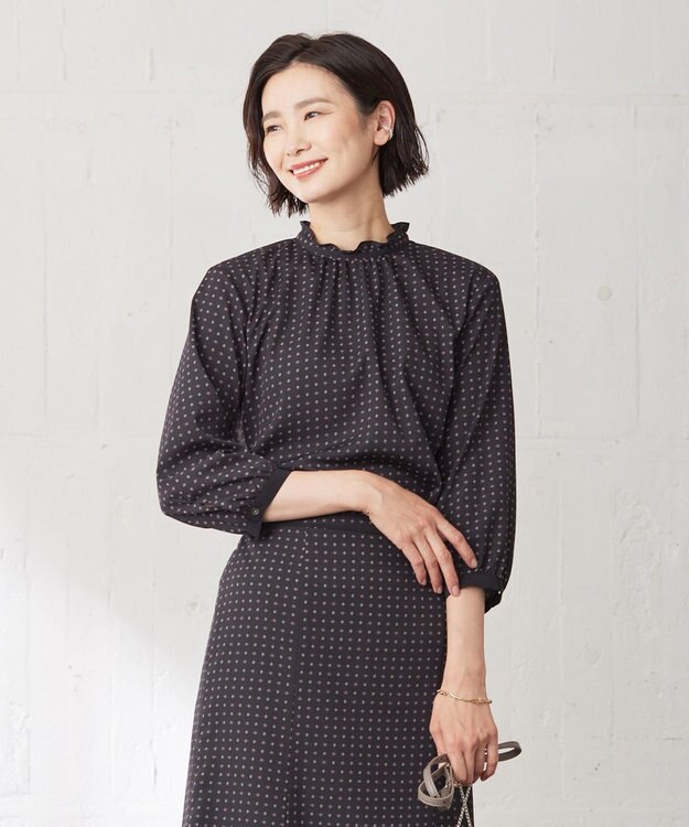 J.PRESS LADIES 【洗える】シュリンクデシン ジオメトリックプリント ブラウス ネイビー系5