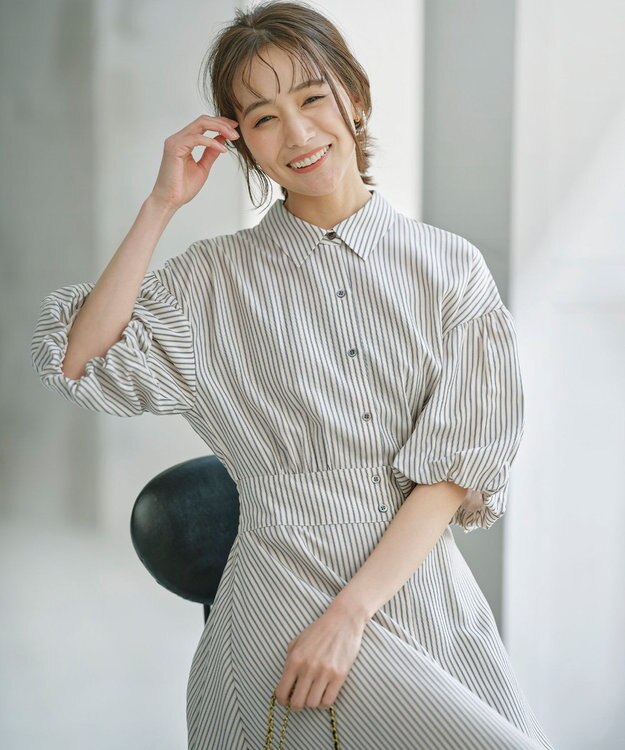 組曲 【WEB限定カラーあり】ボリュームスリーブシャツワンピース アイボリー×ストライプ系1