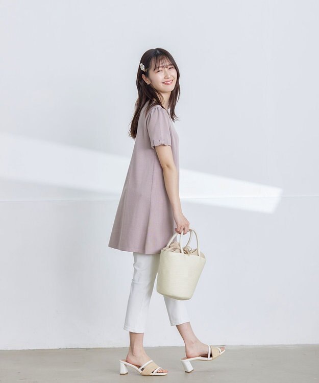 Tiaclasse L 【洗える】リボン袖ニットチュニック ピンクモカ