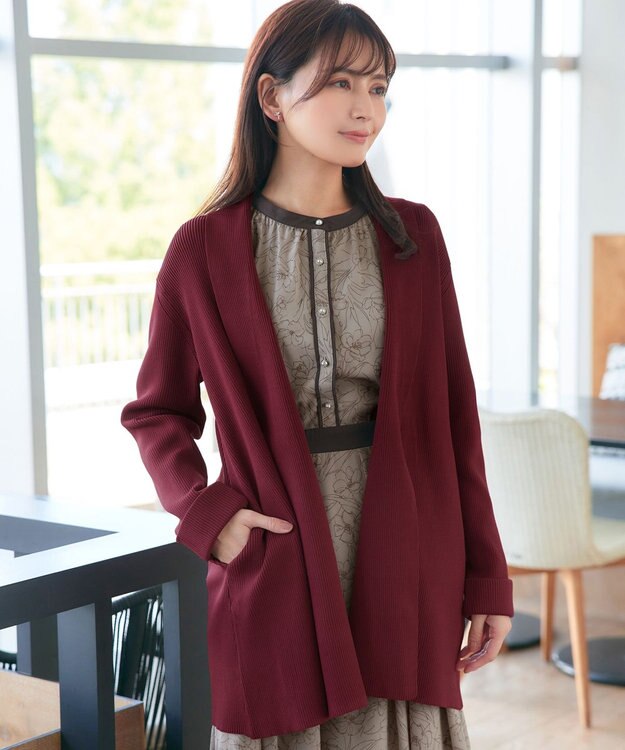 Tiaclasse 【洗える】リブ編み着流しカーディガン ボルドー