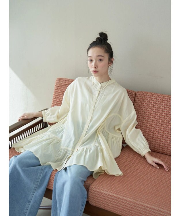 earth music&ecology コットンボイル切替ティアードチュニック Ivory