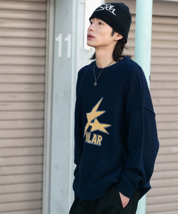 WEGO サテンワッペンニットプルオーバー ネイビー