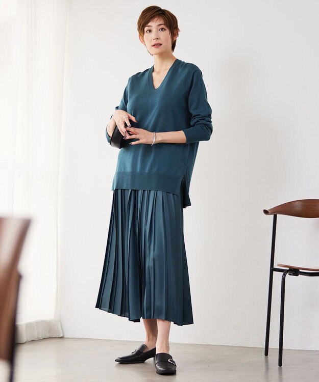 ICB 【洗える】レザーライクプリーツ スカート ダルブルー系