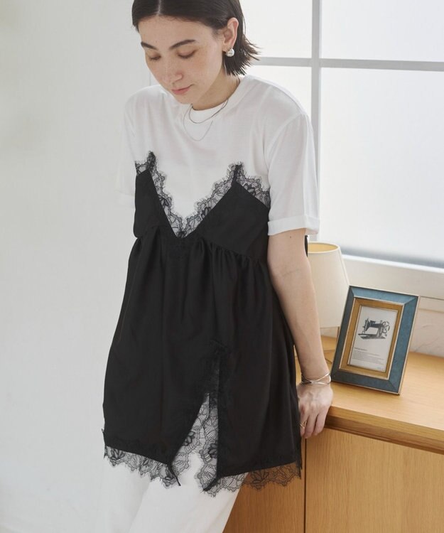 WEGO 【ANGIE VINTAGE】サテンレースドッキングレイヤードトップス ブラック