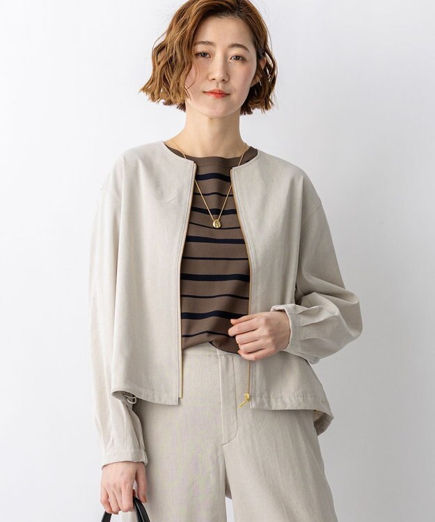 23区 リネンレーヨンストレッチ ノーカラー ブルゾン ベージュ系