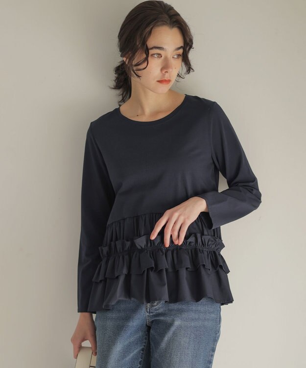 組曲 フリルシャツコンビ ロングTシャツ ネイビー系