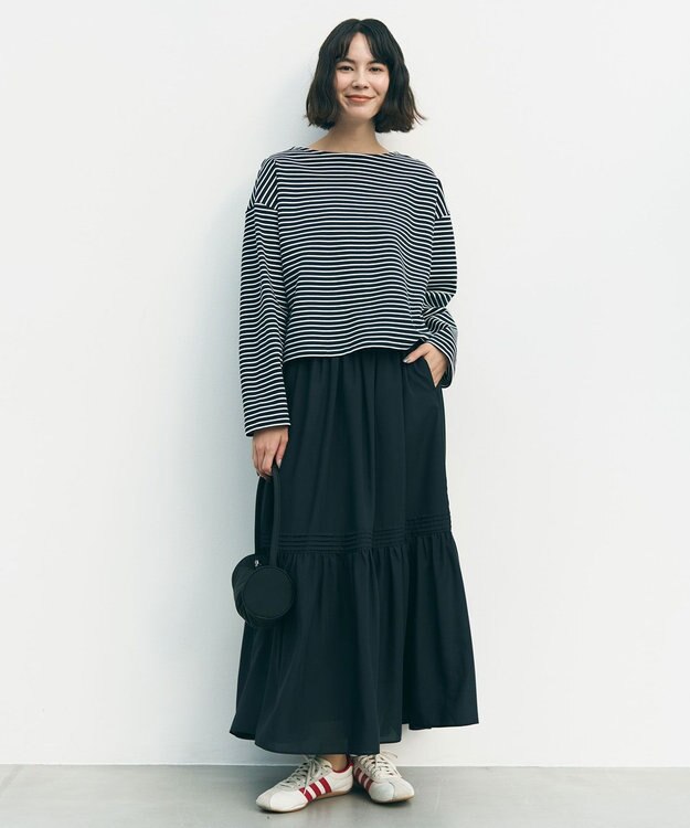 UNFILO ドライタッチリブ バックZIP ボーダートップス ネイビー×オフ