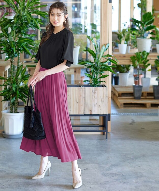 Tiaclasse L 【洗える/ウエストゴム】 ジョーゼットプリーツスカート モーヴピンク