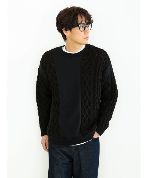 CRAFT STANDARD BOUTIQUE ケーブルニット切り替え裏起毛スウェット Black