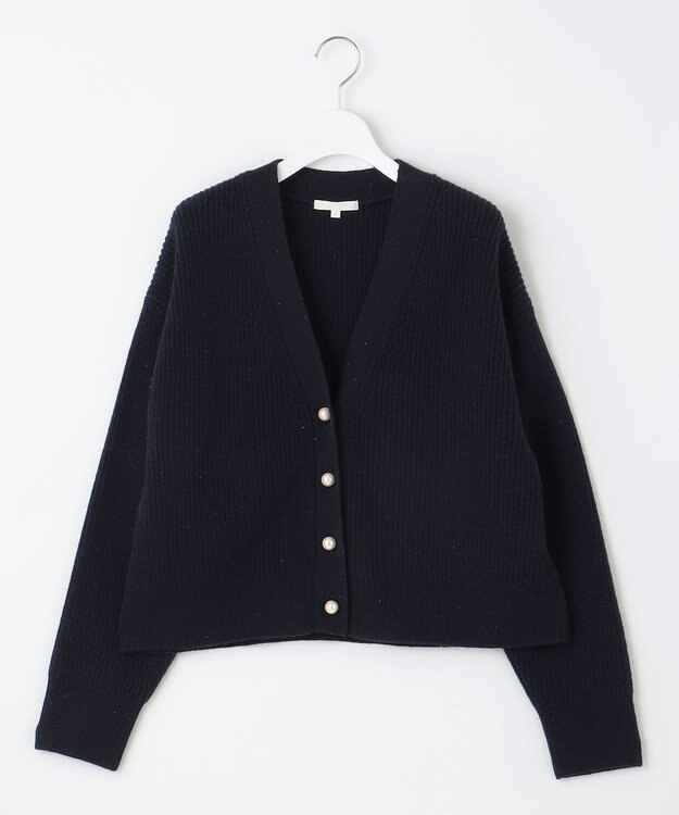 自由区 【洗える】ウールカシミヤブレンドラメスパンコールニット カーディガン ネイビー×ブラック