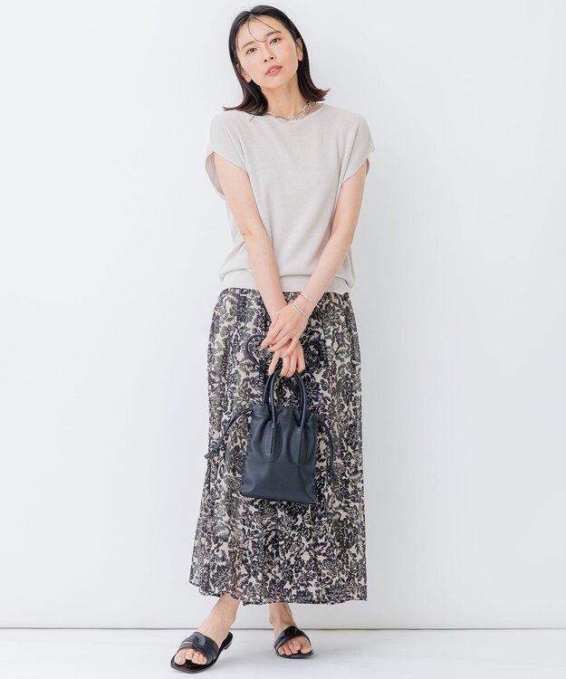 23区 L 【洗える】ボタニカルプリント フレア スカート ベージュ×ブラックプリント