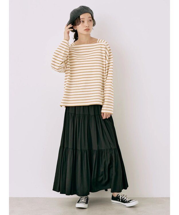 earth music&ecology スクエアボーダープルオーバー Mustard