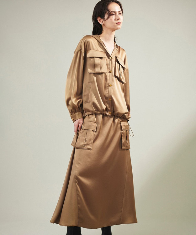 GRACE CONTINENTAL サテンミリタリーロングスカート カーキ