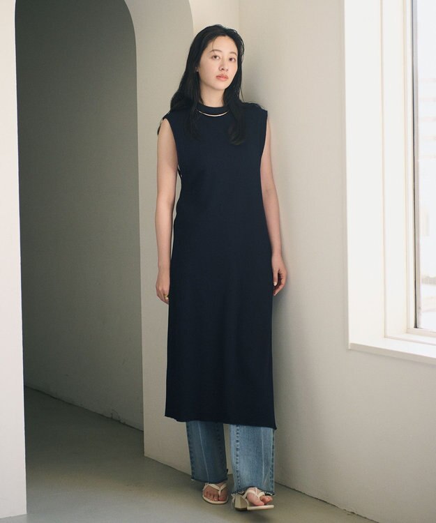 #Newans 【洗える】サーマルノースリーブワンピース ネイビー系