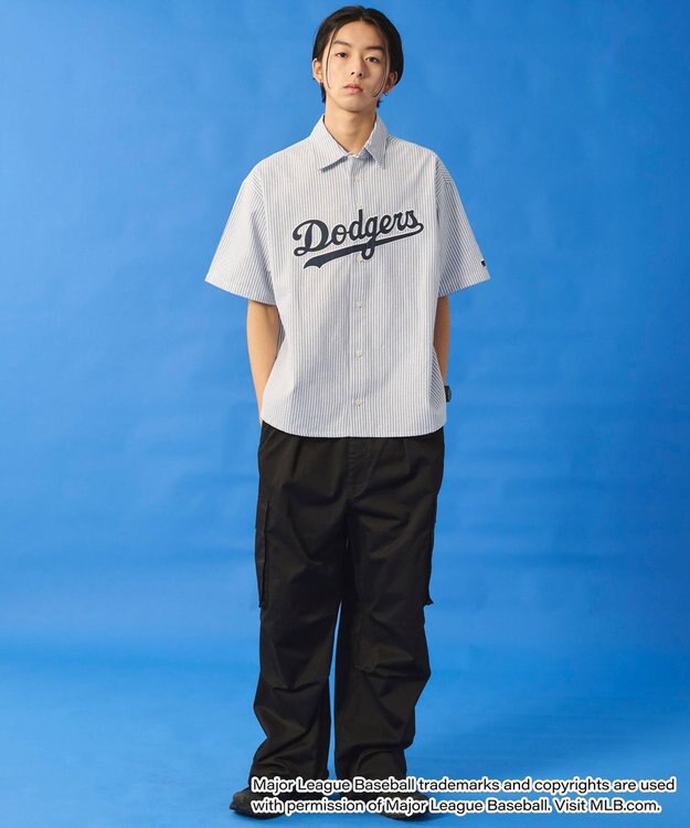 WEGO 【ユニセックス着用ITEM】別注MLBストライプグラフィックシャツ（SS） ブルーストライプ