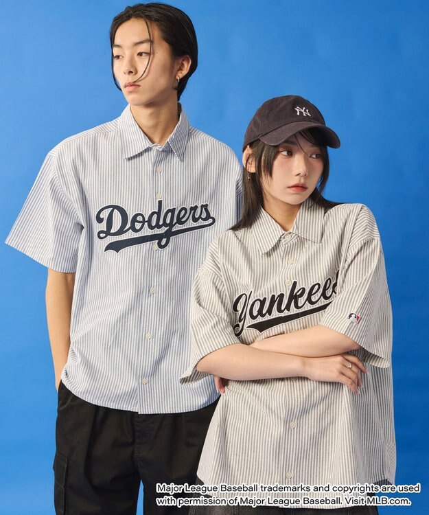 WEGO 【ユニセックス着用ITEM】別注MLBストライプグラフィックシャツ（SS） ブルーストライプ