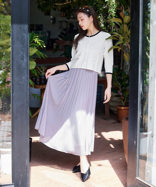 Tiaclasse 【洗える】フェイクリボンポケット付きカーディガン オフホワイト×ブラック