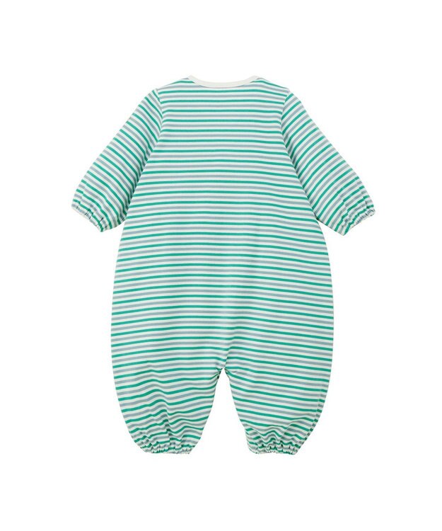 MIKI HOUSE HOT BISCUITS 【50-60cm】 みじんボーダー ワンポイント刺繍 ツーウェイオール グリーン