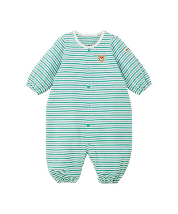 MIKI HOUSE HOT BISCUITS 【50-60cm】 みじんボーダー ワンポイント刺繍 ツーウェイオール グリーン