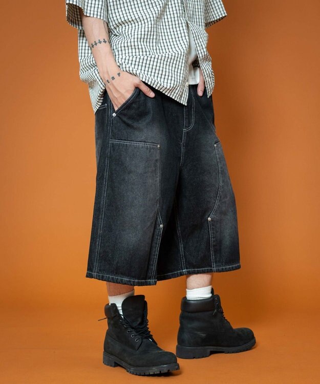 WEGO 【ユニセックス着用ITEM】ダブルニーロゴデニムショーツ デニムブラック