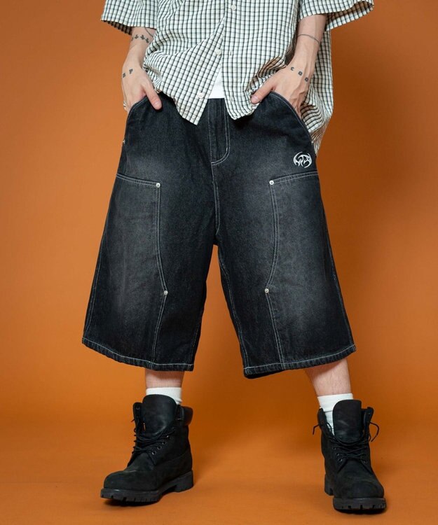 WEGO 【ユニセックス着用ITEM】ダブルニーロゴデニムショーツ デニムブラック