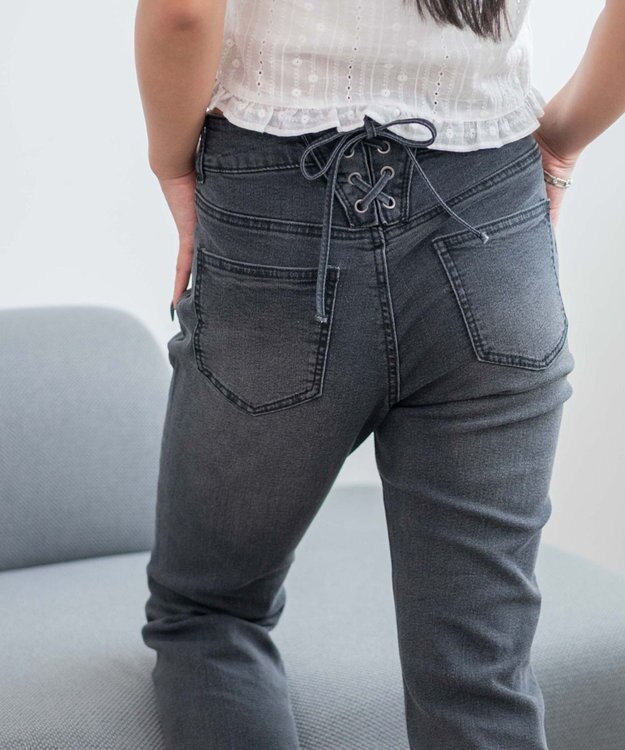 WEGO レースアップフリンジストレッチフレアデニムパンツ ブラック