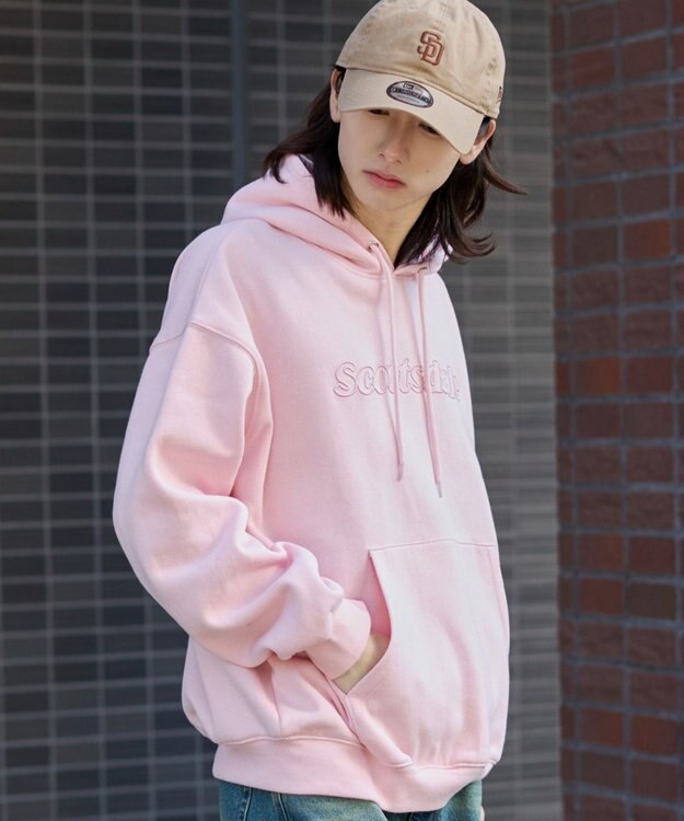 WEGO 【ユニセックス着用ITEM】エンボスステッチロゴプルパーカー ピンク