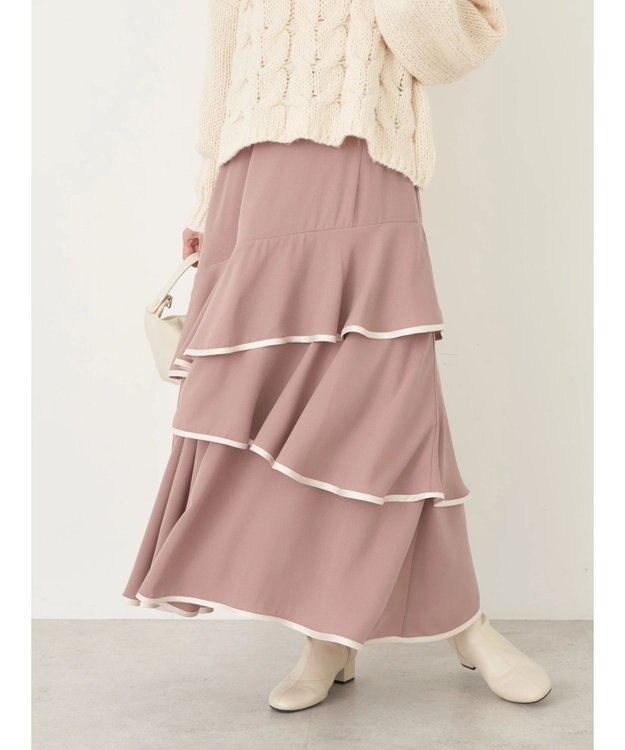 earth music&ecology パイピングフリルティアードスカート Pink Beige