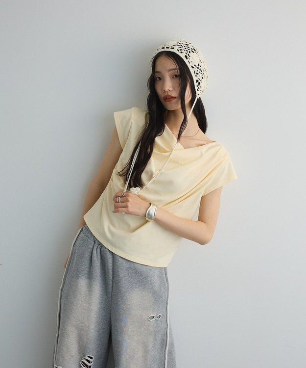 Green Parks ドレープオフショルフレンチ袖Ｔシャツ Lemon Yellow