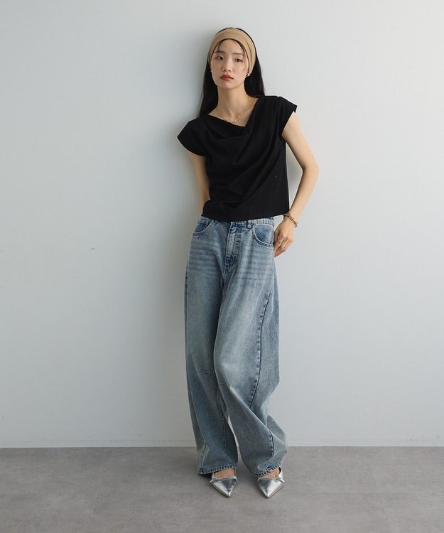 Green Parks ドレープオフショルフレンチ袖Ｔシャツ Black