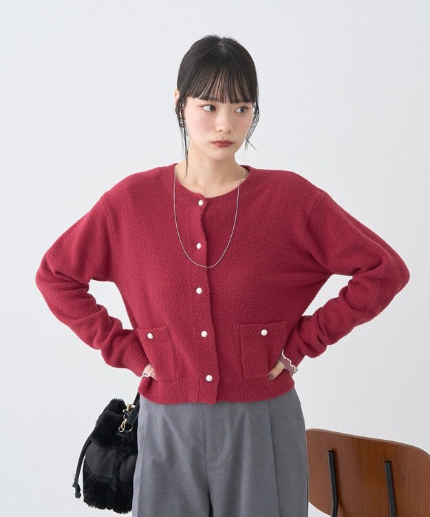 earth music&ecology 【イージーケア】パウダーシャギークルーネックカーディガン Bordeaux