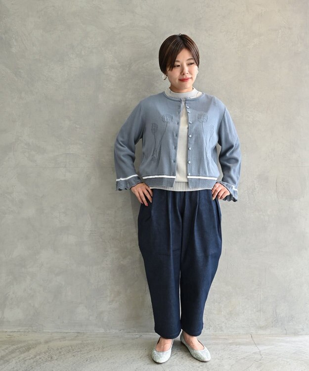 muuc 〈細番手の高級綿糸コットンコーマ糸〉〈洗練された繊維の滑らかな肌触り〉〈お家で洗えるニット〉模様編み ポピーの花リンクス編み カーディガン ブルー