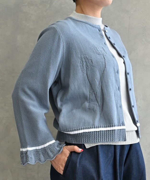 muuc 〈細番手の高級綿糸コットンコーマ糸〉〈洗練された繊維の滑らかな肌触り〉〈お家で洗えるニット〉模様編み ポピーの花リンクス編み カーディガン ブルー