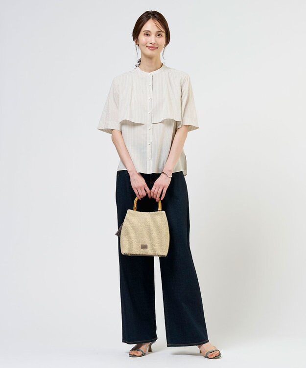 J.PRESS LADIES 【一枚で着映え】シルフィーローン ストライプ バンドカラー ブラウス ベージュ系