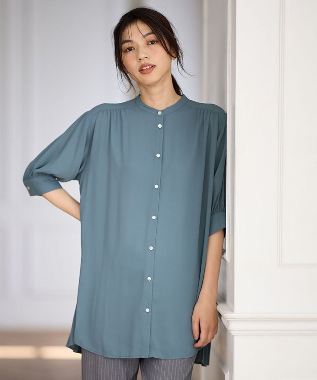 ANY L 【洗濯機可】バックプリーツシャツ ブルーグリーン