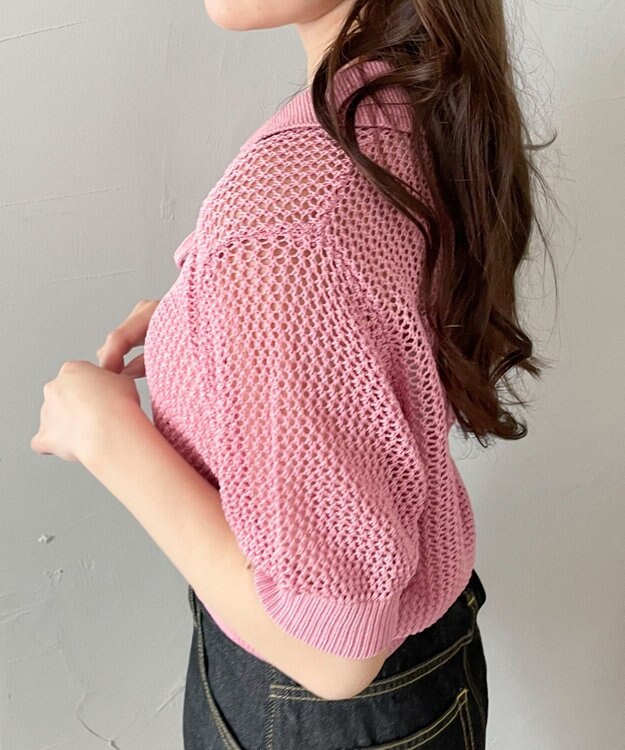 WEGO 襟付きリボンメッシュショートカーデ ピンク