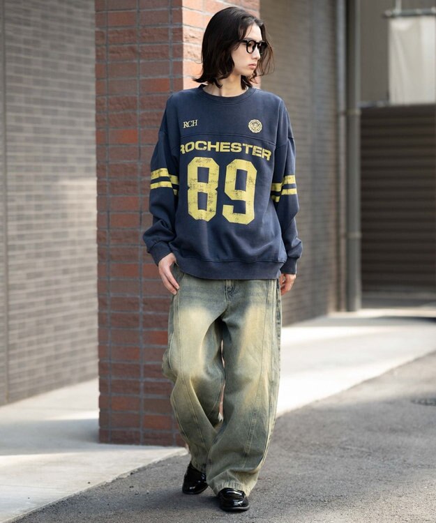 WEGO 【ユニセックス着用ITEM】ケミカルウォッシュナンバリングプルオーバー ネイビー