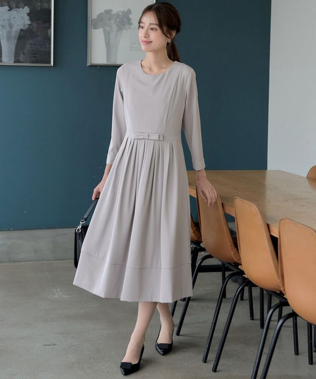 Tiaclasse L 【セレモニー・新色追加】リボンベルトフレアワンピース グレー