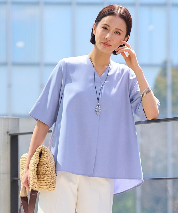 自由区 【接触冷感・速乾・UVケア・撥水・防シワ・XSサイズあり】リネンライクツィル5分袖 ブラウス ダルブルー系