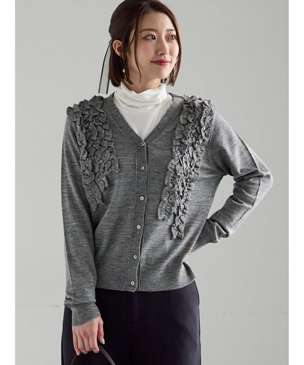 Te chichi フリルVネックカーディガン グレー