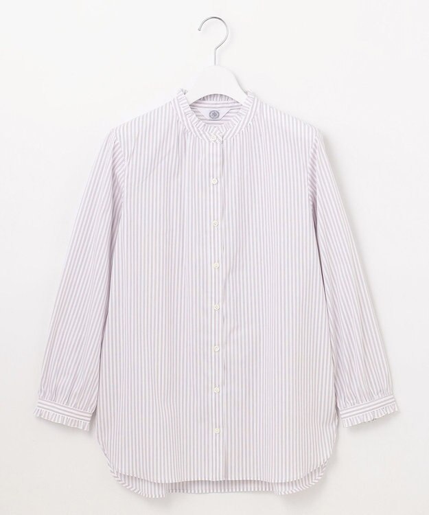 J.PRESS LADIES L 【洗える】BEZ ストライプ フリルネック ブラウス ふじ色系1