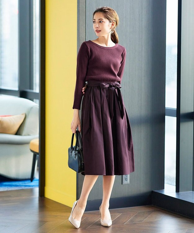 Tiaclasse L 【洗える】タフタスカートドッキングワンピース ボルドー