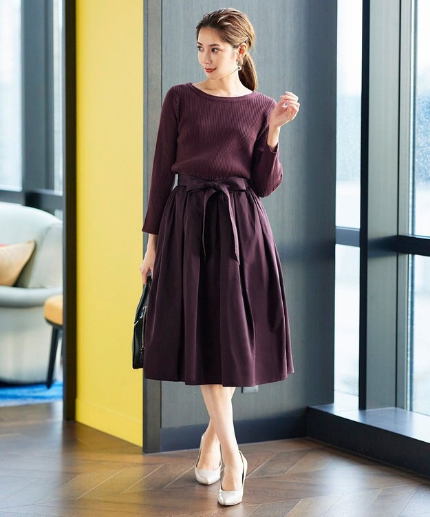 Tiaclasse 【洗える】タフタスカートドッキングワンピース ボルドー