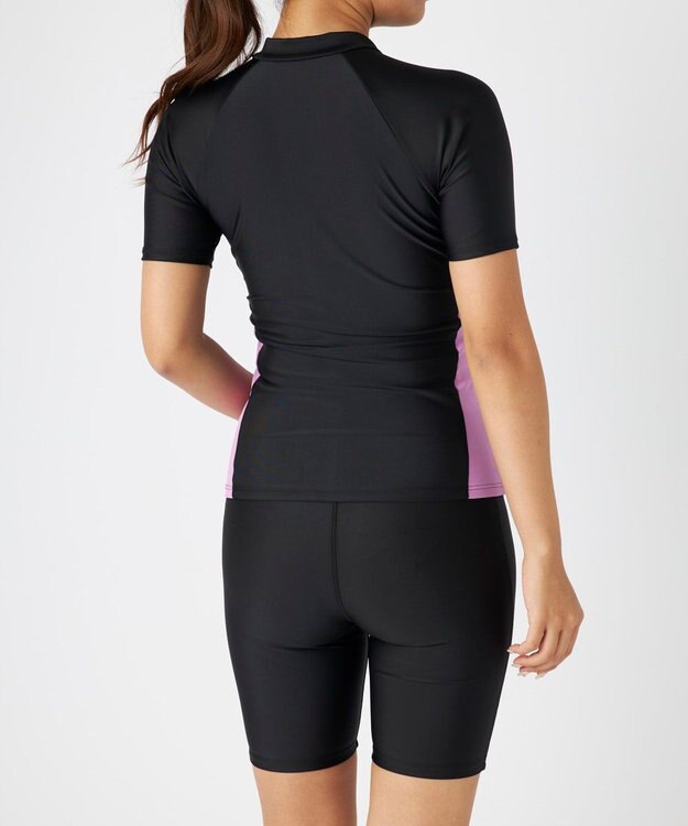 OP／FILA 半袖フルジップフィットネス水着 ブラック×ピンク