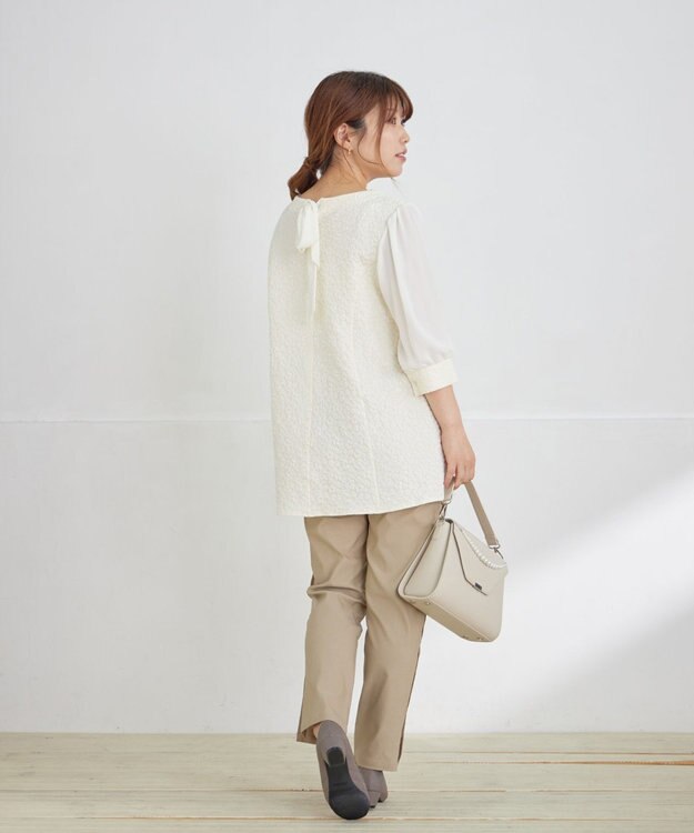 Tiaclasse フラワーJQ袖シフォンチュニック アイボリー