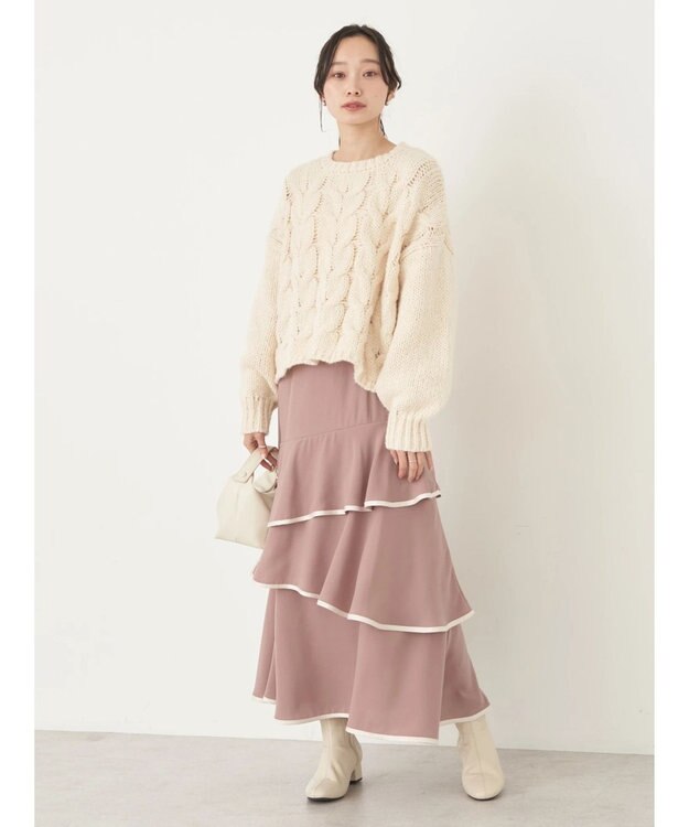 earth music&ecology パイピングフリルティアードスカート Pink Beige