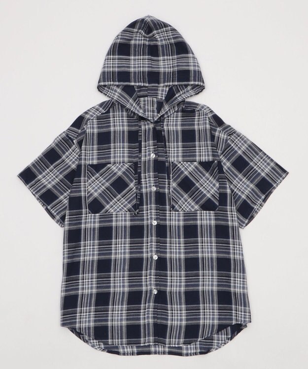 WEGO フードチェックBIGシャツ（S） ネイビー
