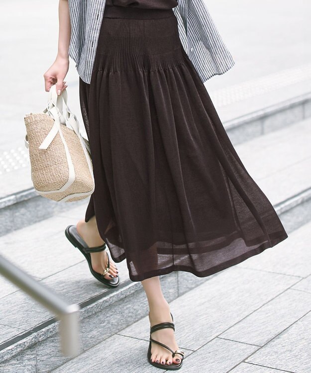 23区 L 【洗える】シャイニーシアーニット フレア スカート ダークブラウン系