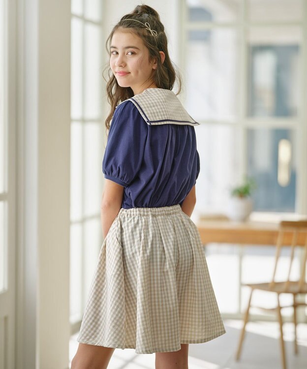 組曲 KIDS 【150-160㎝】フレアーギンガム ショートパンツ ベージュ系3