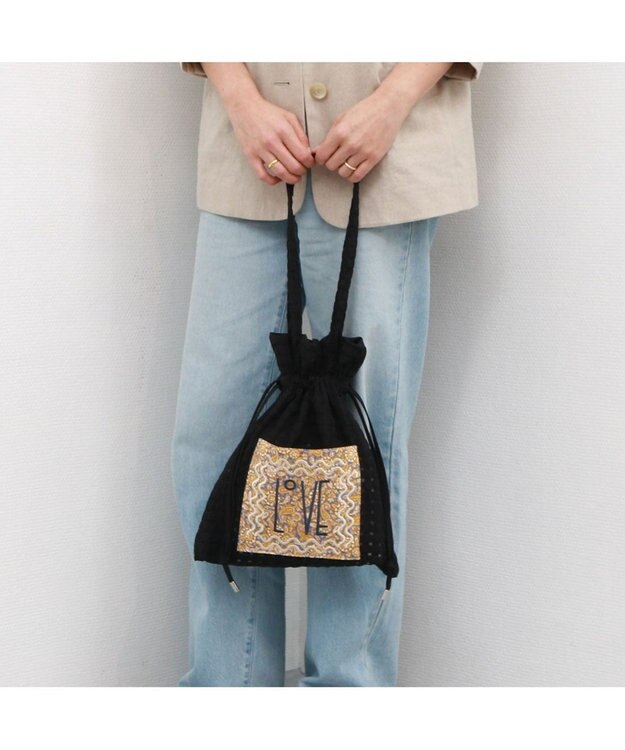 UNBILLION カシュカシュ cachecache / アソート生地LOVE巾着バッグ ブラック
